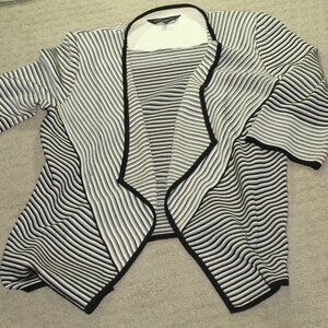Ming Wang Size M Black Grey White Striped Waterfall Cardigan